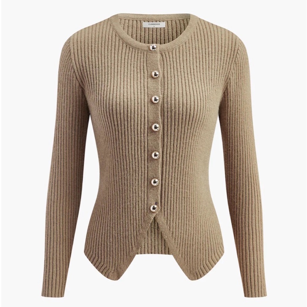 Commense Ribbed Cardigan Camel Button Front Split Hem Minimalist Size S - Picture 2 of 12